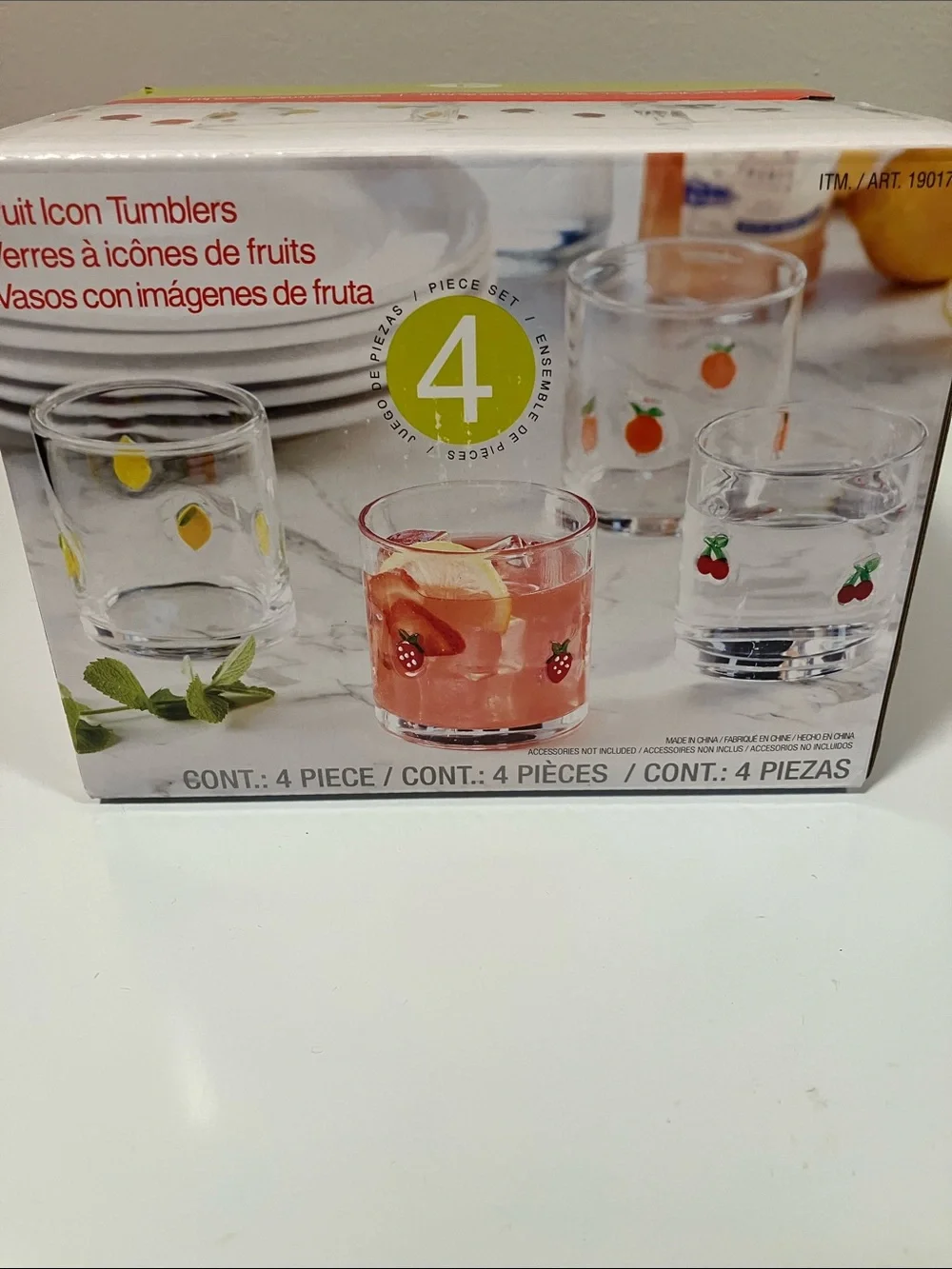 Fruit Icon Tumbler Glasses - Set of 4 (Mixed Fruit Pattern) 14 oz each